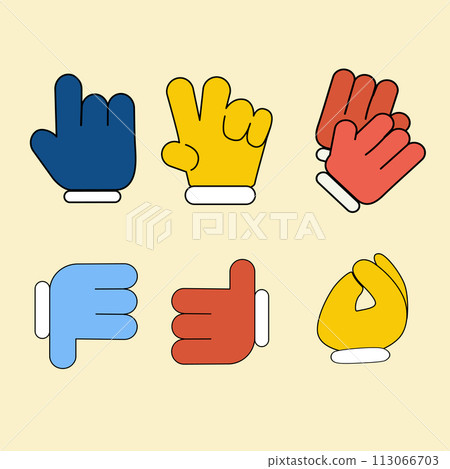 Various gestures with cartoon hands. A set of different hand signs and symbols in retro style. Various gestures with cartoon hands. A set of different hand signs and symbols in retro style. 113066703
