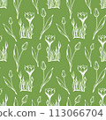 Sketch-style crocus and tulips pattern, hand-drawn on green background for unique designs 113066704
