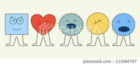 Set of funny different emoji with face and legs. Different sign. Vector isolated illustration in trendy style. Set of funny different emoji with face and legs. Different sign. Vector isolated illustration in trendy style. 113066707