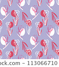 Sketch-style magnolia and crocus pattern, hand-drawn on blue background for unique packaging designs 113066710