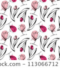 Sketch-style magnolia and tulips pattern, hand-drawn on white background 113066712