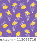 Sketch-style magnolia and narcissus pattern, hand-drawn on violet background  113066716