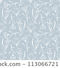 Sketch-style tulip, magnolia and crocus pattern, hand-drawn on blue background for unique designs 113066721