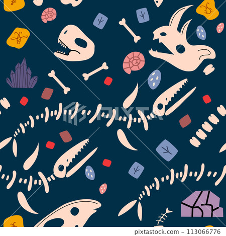 Seamless pattern with dino skeletons and dinosaur skulls. Fossils. Seamless pattern with dino skeletons and dinosaur skulls. Fossils. 113066776