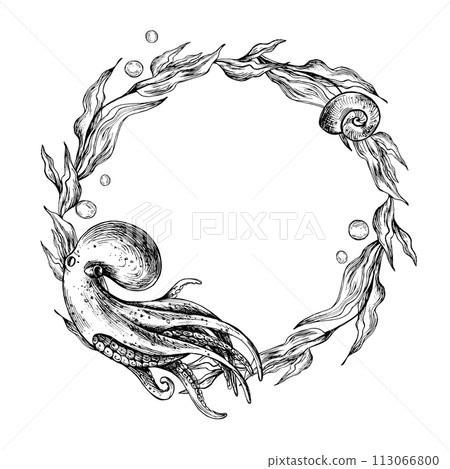 Underwater world clipart with sea animals octopus, jellyfish coral and algae. Graphic illustration hand drawn in black ink. Circle wreath, frame EPS vector. 113066800