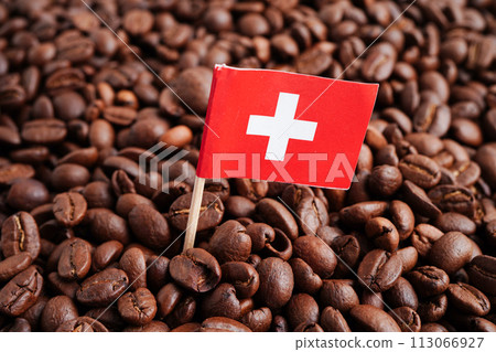Switzerland flag on coffee beans, shopping online for export or import food product. 113066927