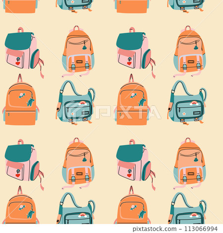 School cartoon pattern with flat colorful backpacks and rucksacks School cartoon pattern with flat colorful backpacks and rucksacks 113066994