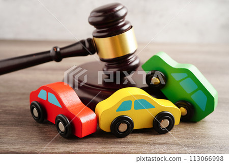 Car accident lawsuit and insurance, Judge hammer with car model. 113066998