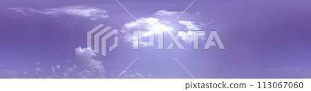 Lavender or lilac color sky panorama with Cirrus clouds. Seamless hdr 360 degree pano in spherical equirectangular format. Sky dome 3D visualization, sky replacement. Weather and climate change 113067060