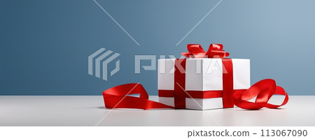 Gift boxes with red ribbons, with studio lighting and backdrop. Present, surprises, celebration and gift warping. 113067090