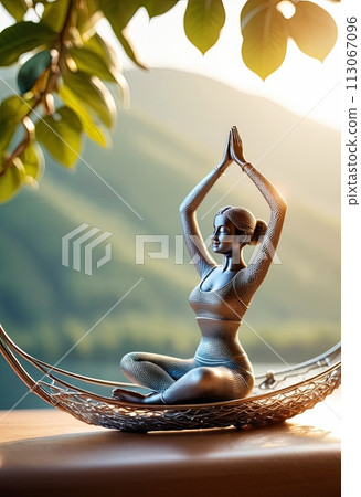 Woman in yoga pose, bent wire figure on nature backdrop, Creative figures symbol of yoga and harmony, art and serenity intersection. Female fitness yoga routine concept. Healthy lifestyle. 113067096