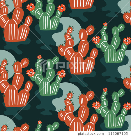 Vector drawing of seamless texture cactus in the desert with the sun for fashionable fabrics and prints 113067105