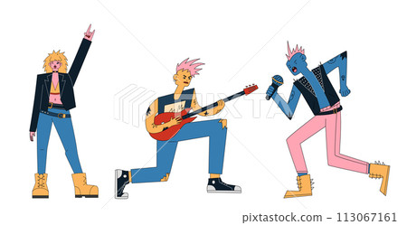 A set of punk men and women. Rock singers, metal band. Illustration of artists 113067161