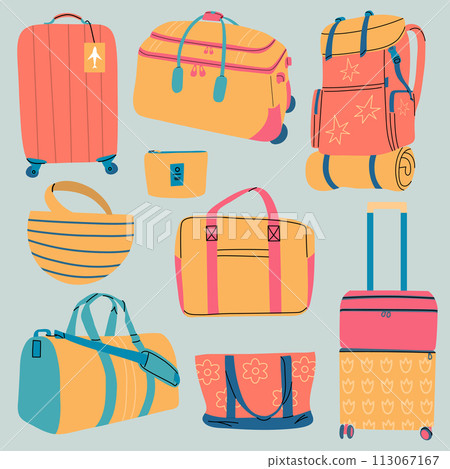 Colorful travel bags set, luggage collection, travel illustration. Vector illustration Colorful travel bags set, luggage collection, travel illustration. Vector illustration 113067167