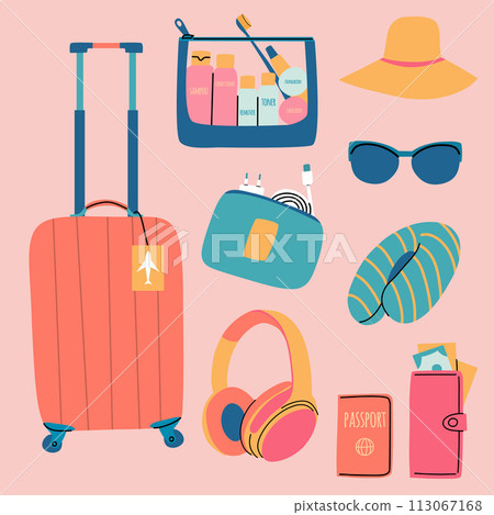 A set of travel accessories for recreation. Luggage, cosmetics, headphones, passport. Icons of traveling abroad. A set of things for a comfortable trip on board the plane. 113067168