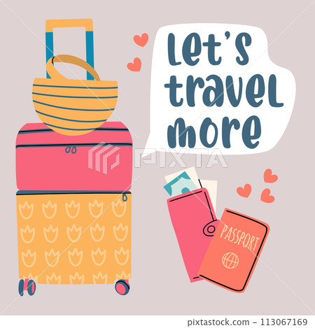 Illustration of the journey. Luggage, passport and wallet. Travel around the world. A message in a bubble. 113067169