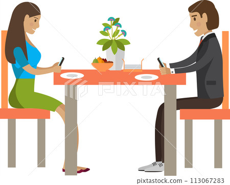 Couple using mobile phone chatting social media while having dinner in restaurant vector icon isolated on white Couple using mobile phone chatting social media while having dinner in restaurant vector icon isolated on white 113067283