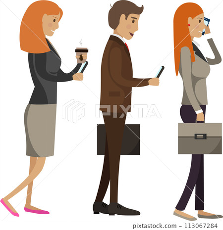 Office workers drinking coffee using smartphone while standing in row vector icon isolated on white 113067284