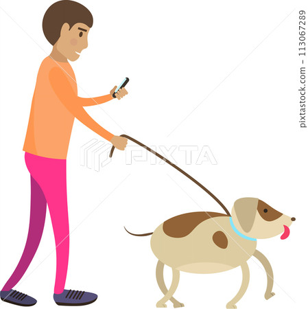 Man using mobile phone chatting social media while waking dog vector icon isolated on white Man using mobile phone chatting social media while waking dog vector icon isolated on white 113067289