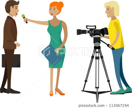 Female host interviewing businessman, operator shooting video report vector icon isolated on white 113067294