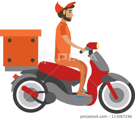 Courier delivering food by motorcycle vector icon isolated on white Courier delivering food by motorcycle vector icon isolated on white 113067296