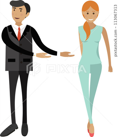 Fashion show host presenting trendy outfit on model vector icon isolated on white Fashion show host presenting trendy outfit on model vector icon isolated on white 113067313