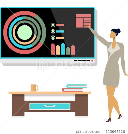 Woman working with digital data statistics vector Woman working with digital data statistics vector 113067328