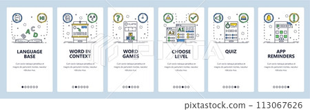 Distance language learning website and mobile app onboarding screens vector template 113067626