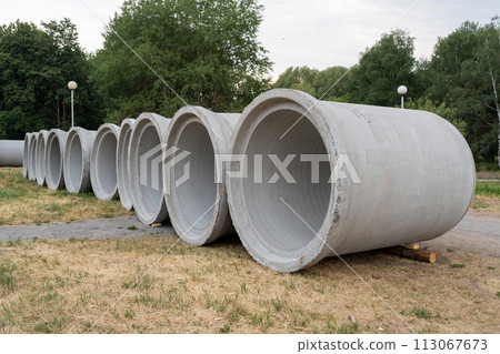 Concrete pipes at construction site 113067673