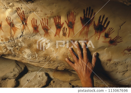 cave painting, the hand of an indigenous person touches an ancient stone with many palms depicted on it 113067696
