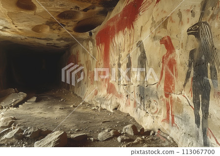 cave painting, natural rock wall with strange figures painted 113067700