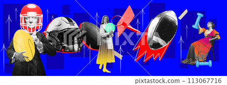 Women in medieval clothes with sports gear on blue background with abstract design elements. Contemporary art collage. Women in medieval clothes with sports gear on blue background with abstract design elements. Contemporary art collage. 113067716