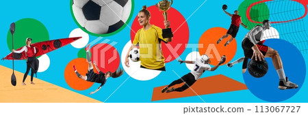 Male and female athletes of various sports in motion on blue background with multicolored abstract geometric elements. Contemporary art collage. 113067727