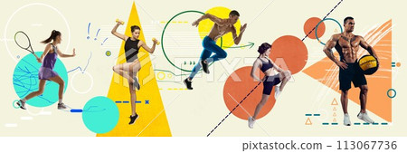 Group of people, athletes on different kind of sports in motion, training over light background with abstract geometric elements. Contemporary art collage. 113067736