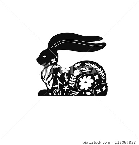 Hand drawn Decorative Easter Bunny Linocut 113067858