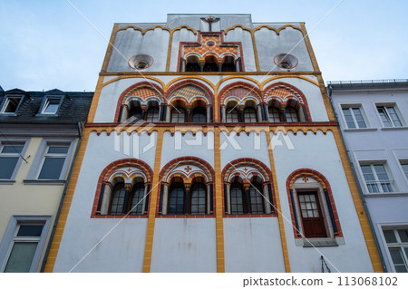 Trier, Rijnland-Palts, Germany, 23th of March, 2024, Vivid Facade of a Romanesque Revival Building Trier, Rijnland-Palts, Germany, 23th of March, 2024, Vivid Facade of a Romanesque Revival Building 113068102