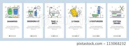 Body care and hygiene icons set. Bathtub, shampoo and deodorant bottles, sponge. Mobile app screens. Vector banner template for website and mobile development. Web site design illustration 113068232