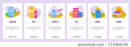 Desert icons set. Water, sunblock cream, arabic coffee in turk, oil barrel, heat. Mobile app screens. Vector banner template for website and mobile development. Web site design illustration Desert icons set. Water, sunblock cream, arabic coffee in turk, oil barrel, heat. Mobile app screens. Vector banner template for website and mobile development. Web site design illustration 113068236
