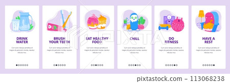 Healthy lifestyle concept. Take a rest, fresh food, sport and fitness training, body care. Mobile app screens. Vector banner template for website and mobile development. Web site design illustration 113068238
