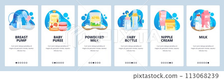Baby food, powder milk and breastfeeding concept. Prepare to be mother. Mobile app screens. Vector banner template for website and mobile development. Web site design illustration 113068239