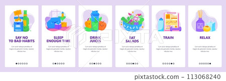Healthy lifestyle concept. Good sleep, fresh food, sport and fitness training, rest time. Mobile app screens. Vector banner template for website and mobile development. Web site design illustration 113068240
