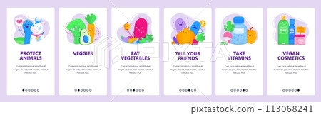 Fresh organic vegetables, vegan food. Healthy lifestyle concept. Organic cosmetics. Mobile app screens. Vector banner template for website and mobile development. Web site design illustration 113068241
