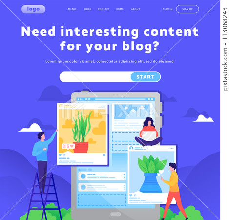 Vector web site design template. Social media content, team build application wireframe, widgets. Landing page concepts for website mobile development. Modern flat illustration 113068243