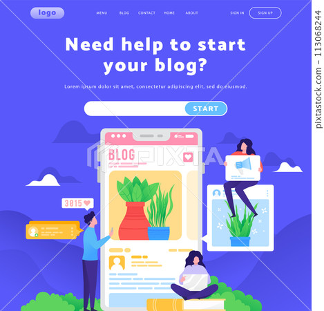 Vector web site design template. Write a blog, digital and social media marketing, followers and likes. Landing page concepts for website mobile development. Modern flat illustration 113068244