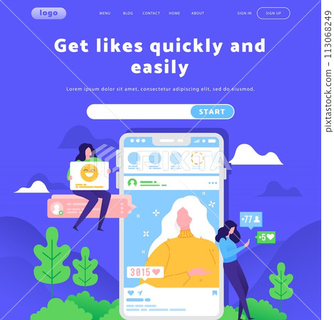 Vector web site design template. Social media and photo sharing application, likes, followers. Landing page concepts for website mobile development. Modern flat illustration Vector web site design template. Social media and photo sharing application, likes, followers. Landing page concepts for website mobile development. Modern flat illustration 113068249