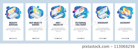 Mobile app onboarding screens. Online beauty blog and store, discount, promotion sale, account, delivery. Vector banner template for website and mobile development. Web site design flat illustration 113068256