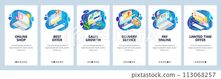 Mobile app onboarding screens. Online shopping and payment, sale, best offer, delivery, business charts. Vector banner template for website and mobile development. Web site design flat illustration Mobile app onboarding screens. Online shopping and payment, sale, best offer, delivery, business charts. Vector banner template for website and mobile development. Web site design flat illustration 113068257
