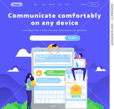Vector web site design template. Online messaging and email app. Landing page concepts for website mobile development. Modern flat illustration 113068260