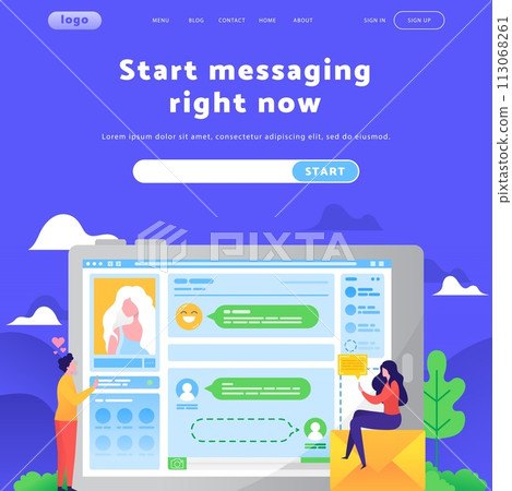 Vector web site design template. Online dating and messaging app. Landing page concepts for website mobile development. Modern flat illustration 113068261