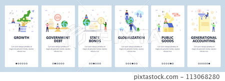 Mobile app onboarding screens. Government debt, money investment growth, state bonds, globalization. Menu vector banner template for website and mobile development. Web site design flat illustration Mobile app onboarding screens. Government debt, money investment growth, state bonds, globalization. Menu vector banner template for website and mobile development. Web site design flat illustration 113068280